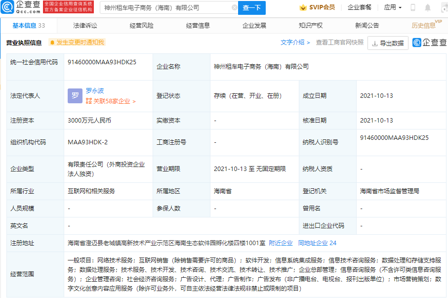 神州租車布局新領域 海南成立電子商務公司，發力數字文創軟件開發